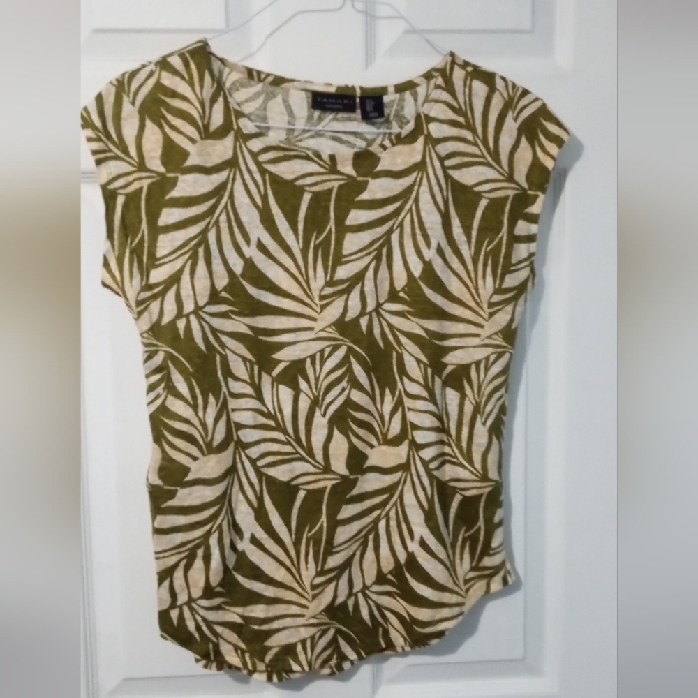 Tahari Olive Leaf Print Short Sleeve Top
